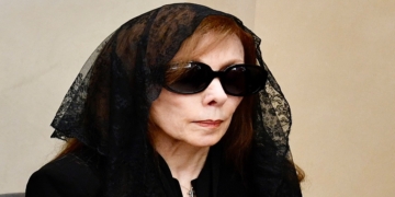Lebanese singer Nouhad Wadie Haddad, known as Fairuz, mother of late Lebanese composer and musician Ziad Rahbani attends his funeral at a church in Bikfaya town in the Matn District region of Mount Lebanon, Lebanon, 28 July 2025.  EPA/ABBAS SALMAN